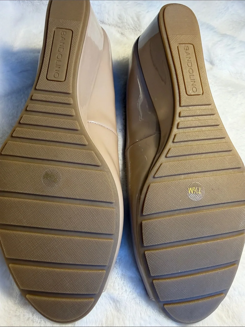 Bandolino Taupe Patent Peep-Toe Wedge Pumps - Size 7.5